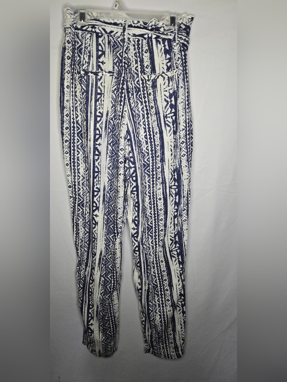 3/$25 Cali1850 Linen Blue White Geometric Aztec Paperbag Tie Pants Women's Small